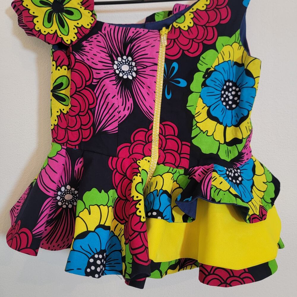 Floral Retro Unique Handmade Blouse Top Asymmetrical Ruffle Lined Zip Back - Picture 10 of 11